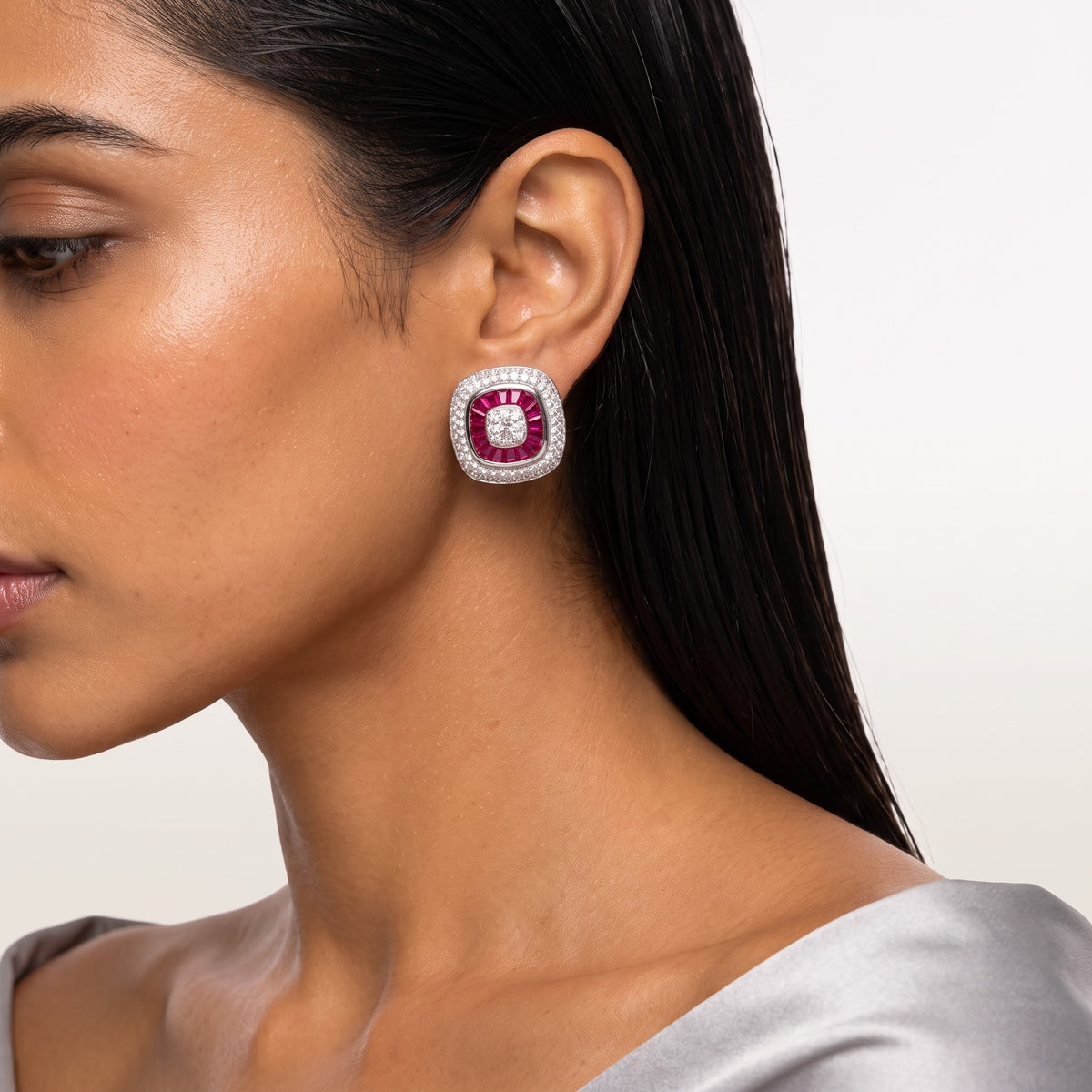 Ruby Radiance Diamond Halo Stud Earrings