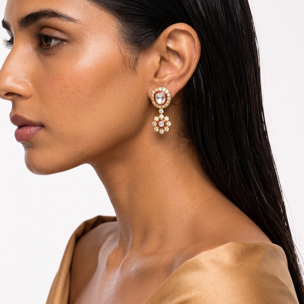 Royal Kundan Ruby Floral Drop Earrings