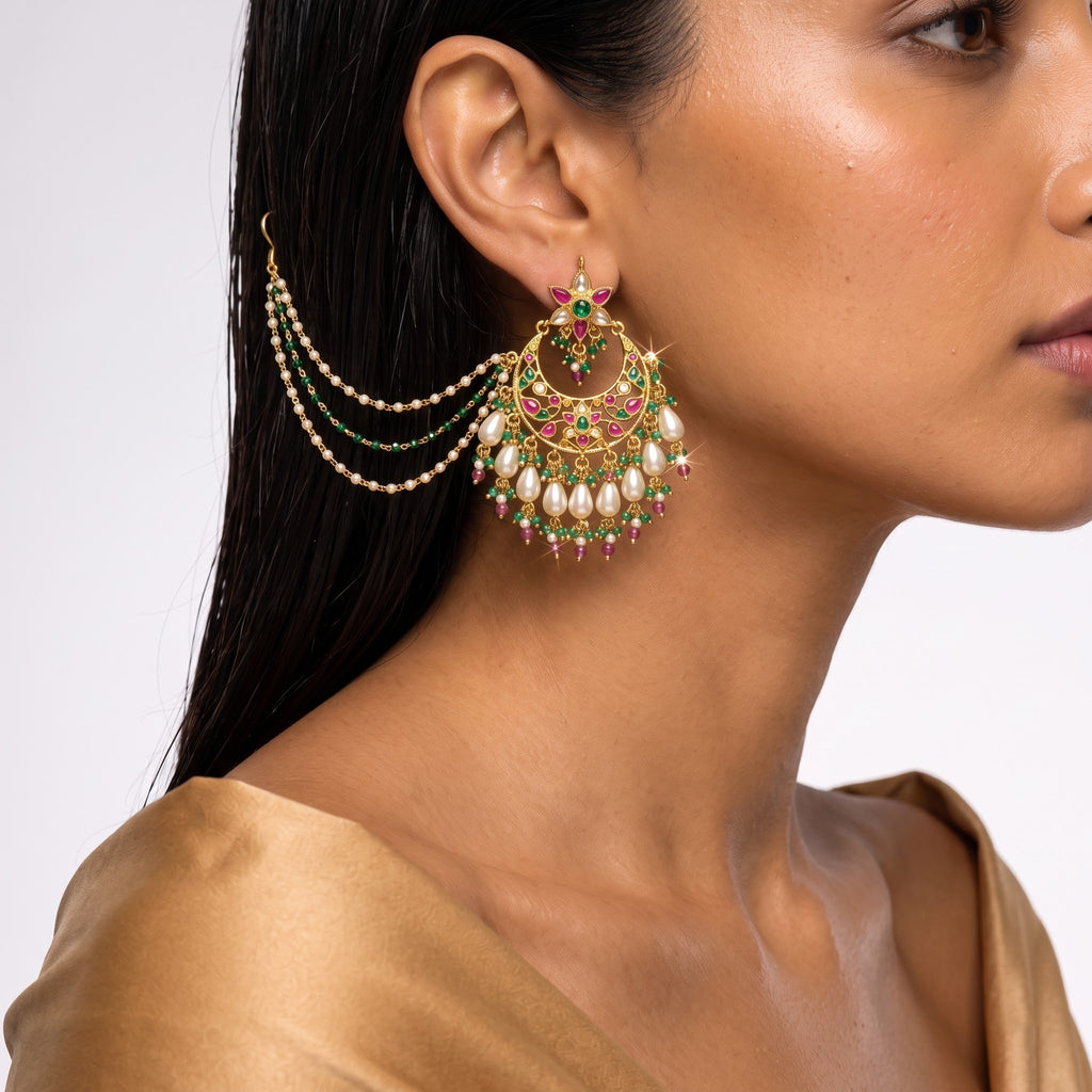 Royal Ruby Emerald Kundan Pearl Chandbali Sahara Earrings