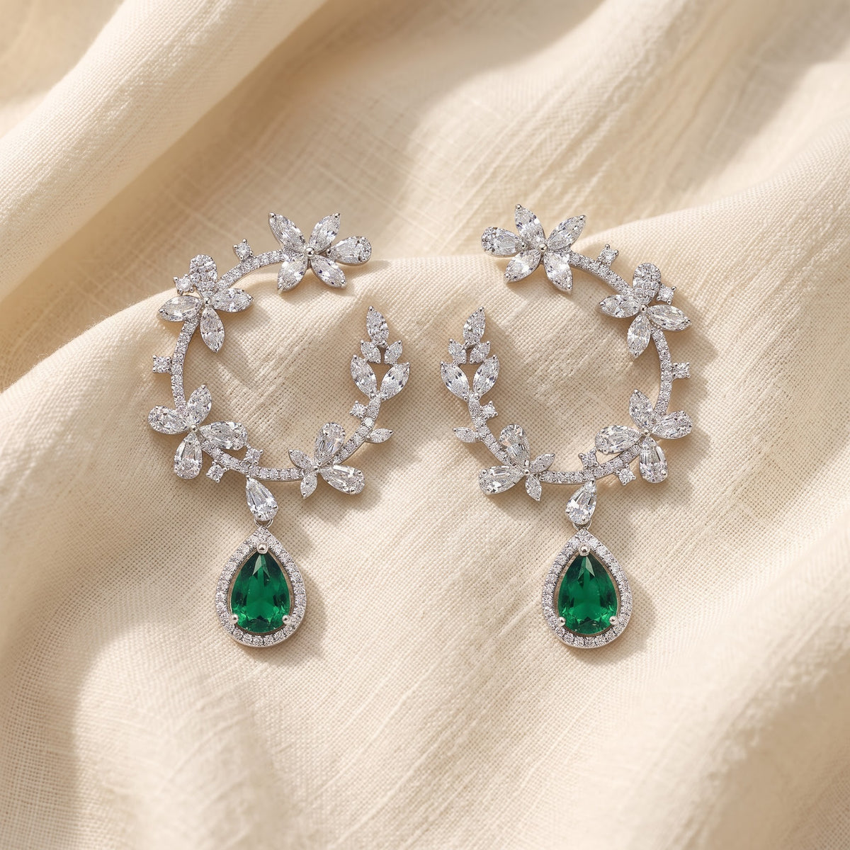 Emerald Bloom Diamond Floral Hoop Earrings