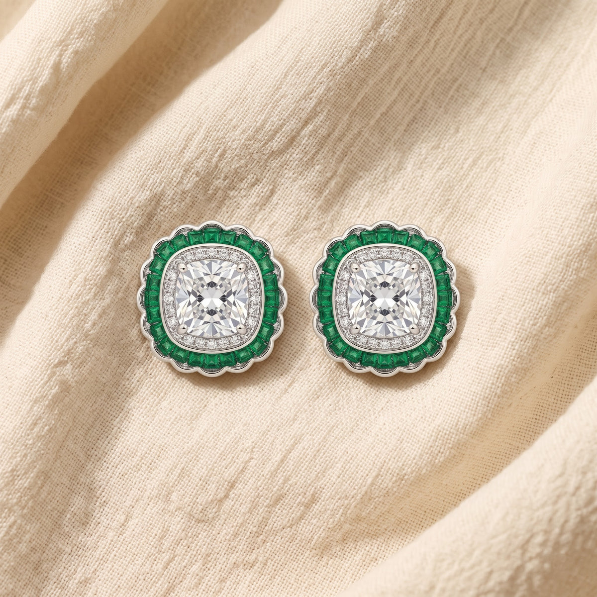 Emerald Diamond Scalloped Halo Stud Earrings
