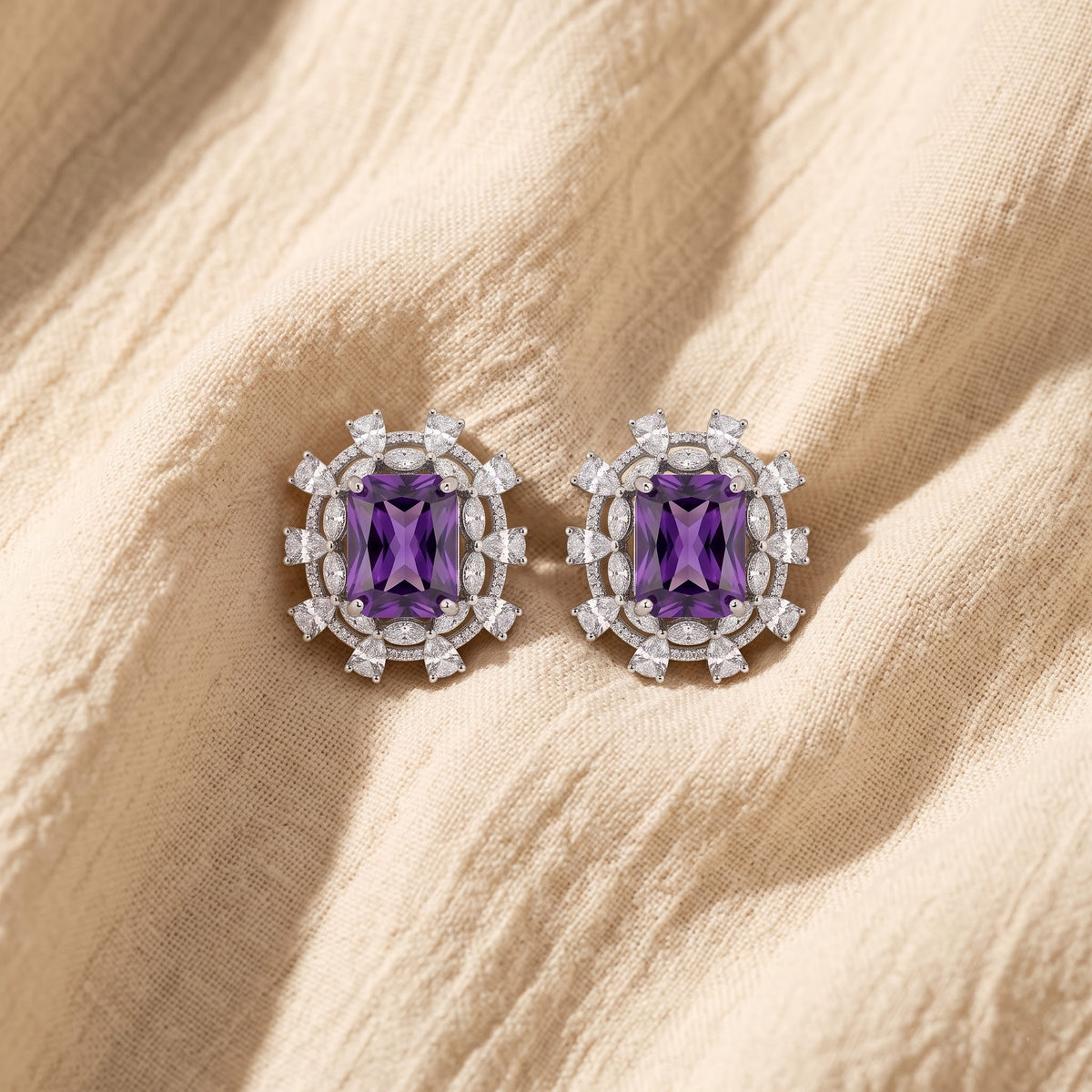 Amethyst Royale Diamond Halo Statement Stud Earrings