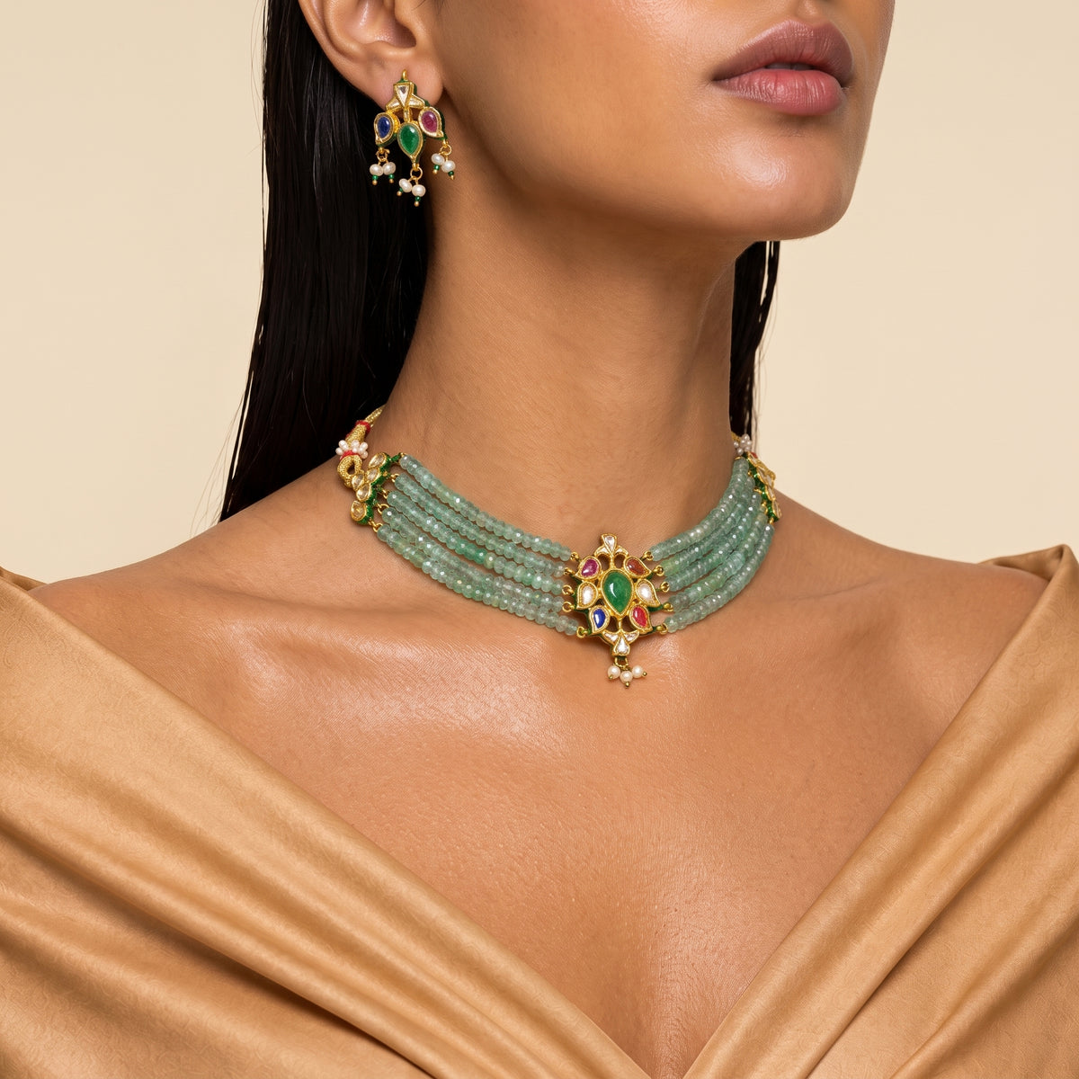 Meher Navratna Mint Bead Choker Necklace Set