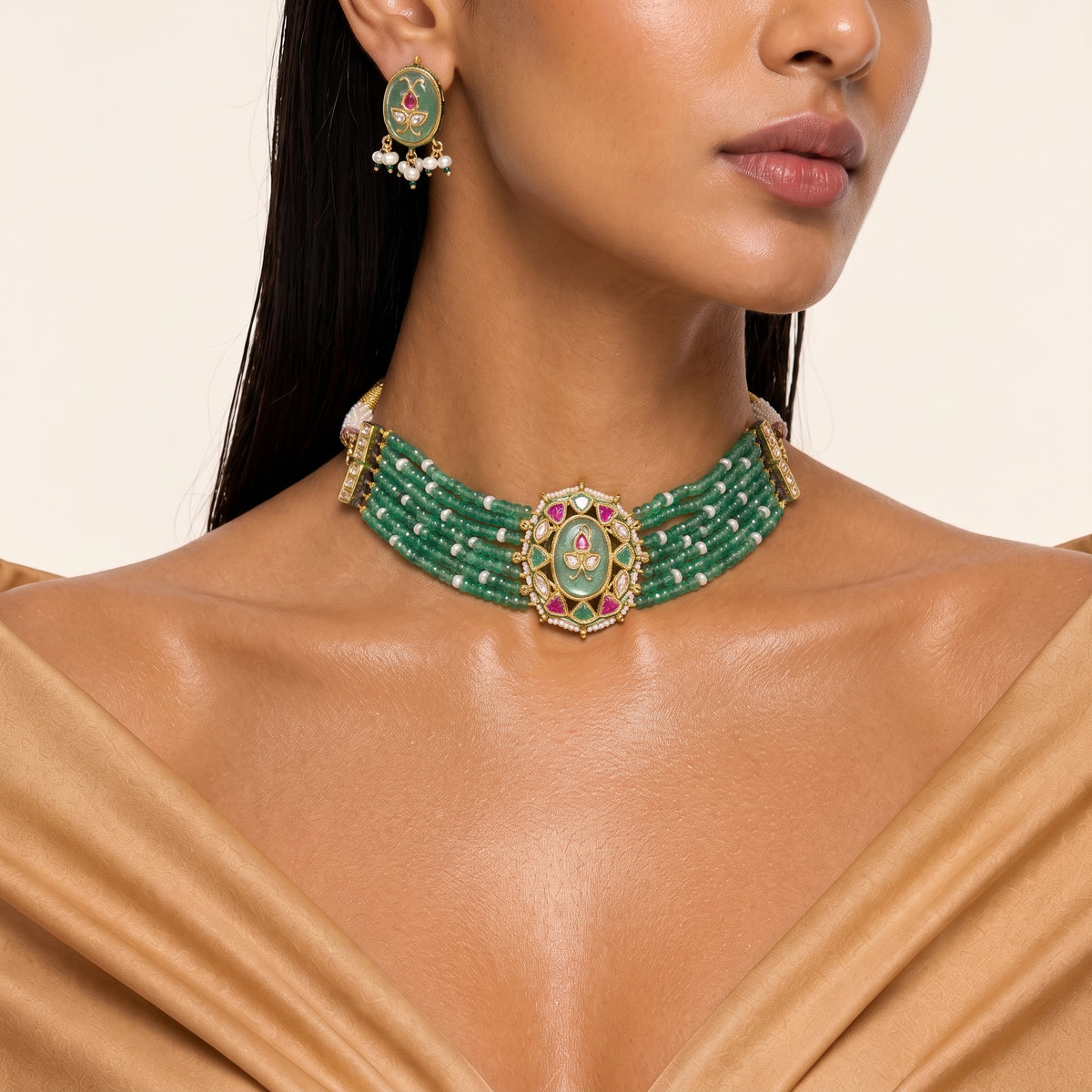 Zaira Emerald Meenakari Beaded Choker Set