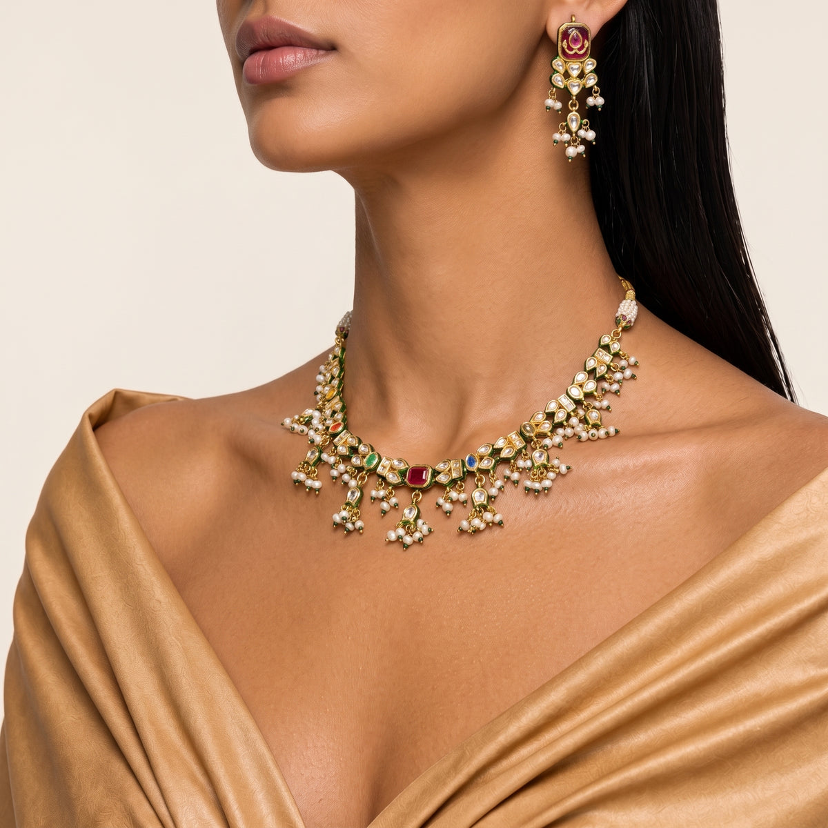 Ruhani Navratna Kundan Pearl Necklace Set