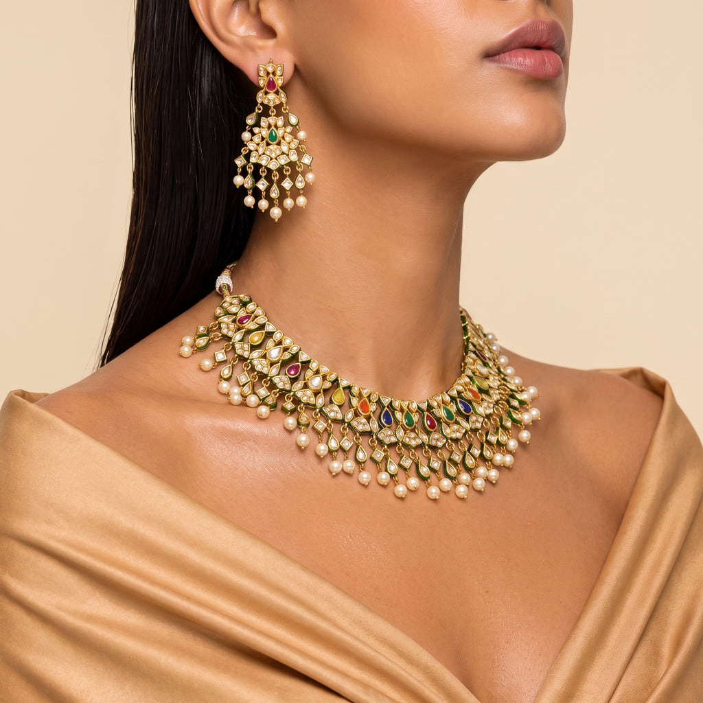 Aabha Navratna Kundan Pearl Choker Set