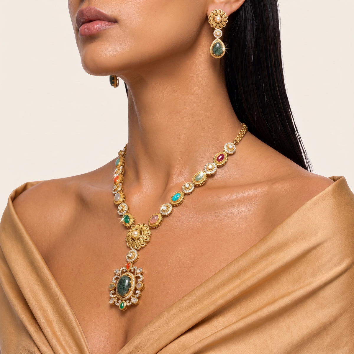 Zariya Multicolour Heritage Pendant Necklace Set