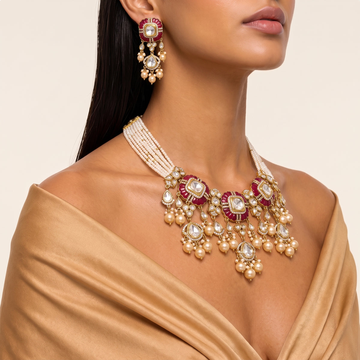 Rani Ruby Kundan Pearl Cascade Necklace Set