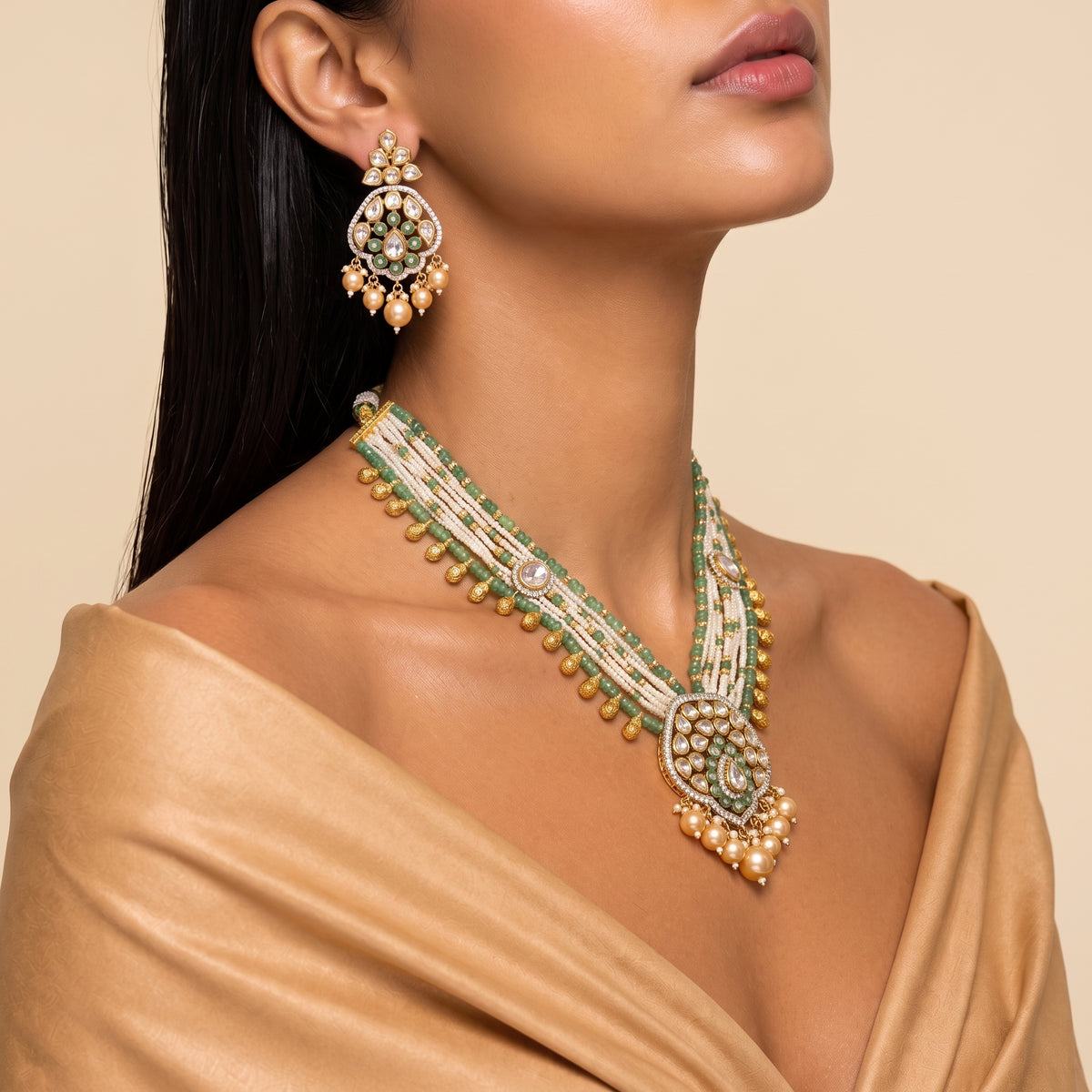 Meher Mint Kundan Pearl Layered Necklace Set