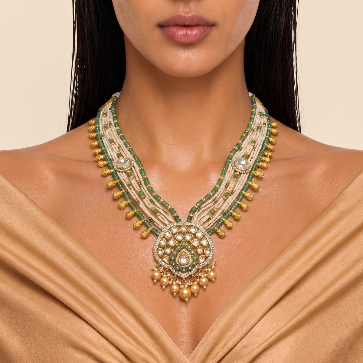 Meher Mint Kundan Pearl Layered Necklace Set