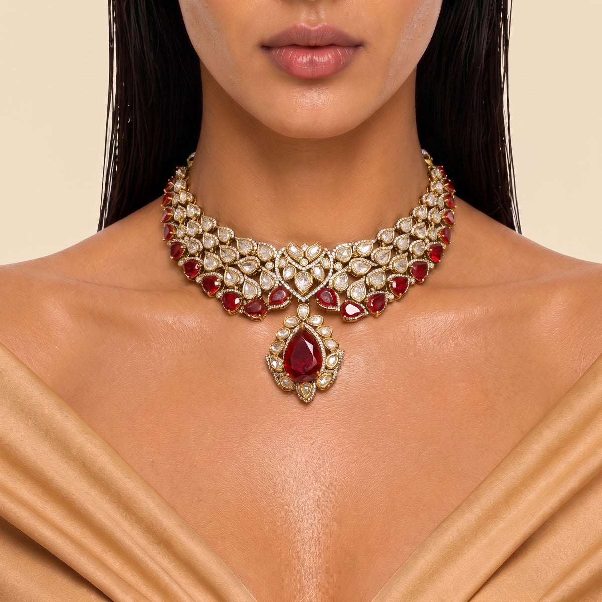 Ruvika Ruby Kundan Statement Necklace Set