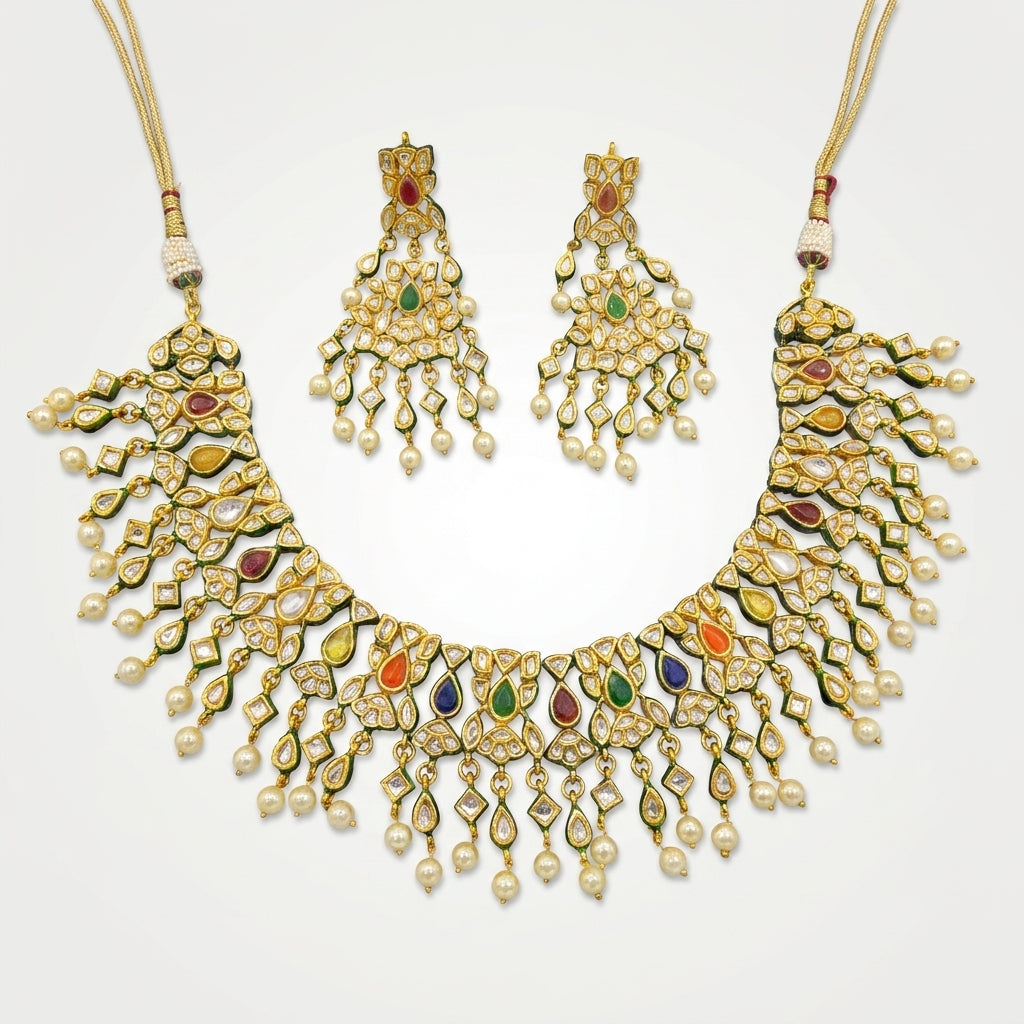 Aabha Navratna Kundan Pearl Choker Set