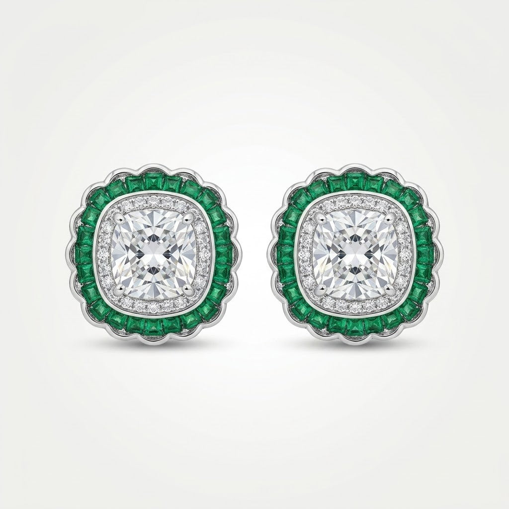 Emerald Diamond Scalloped Halo Stud Earrings