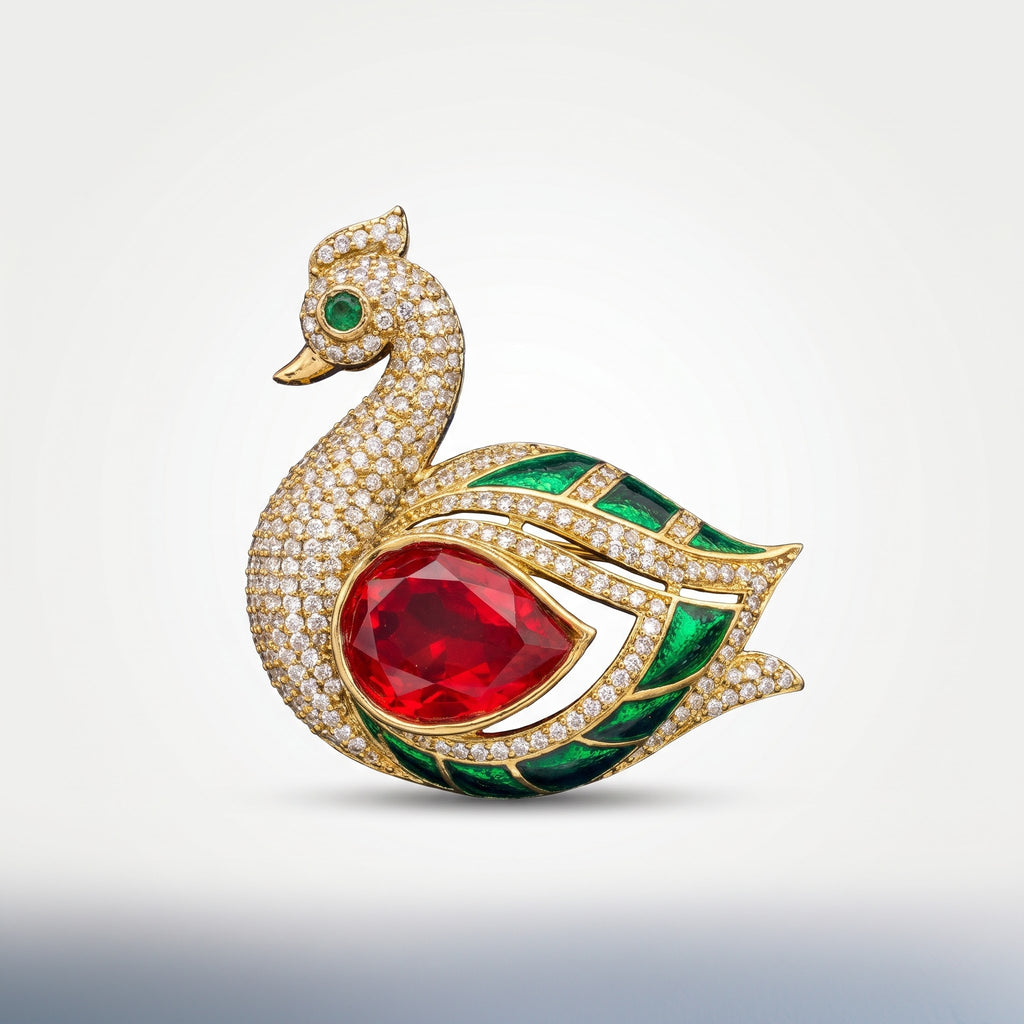 Royal Ruby Emerald Swan Statement Brooch