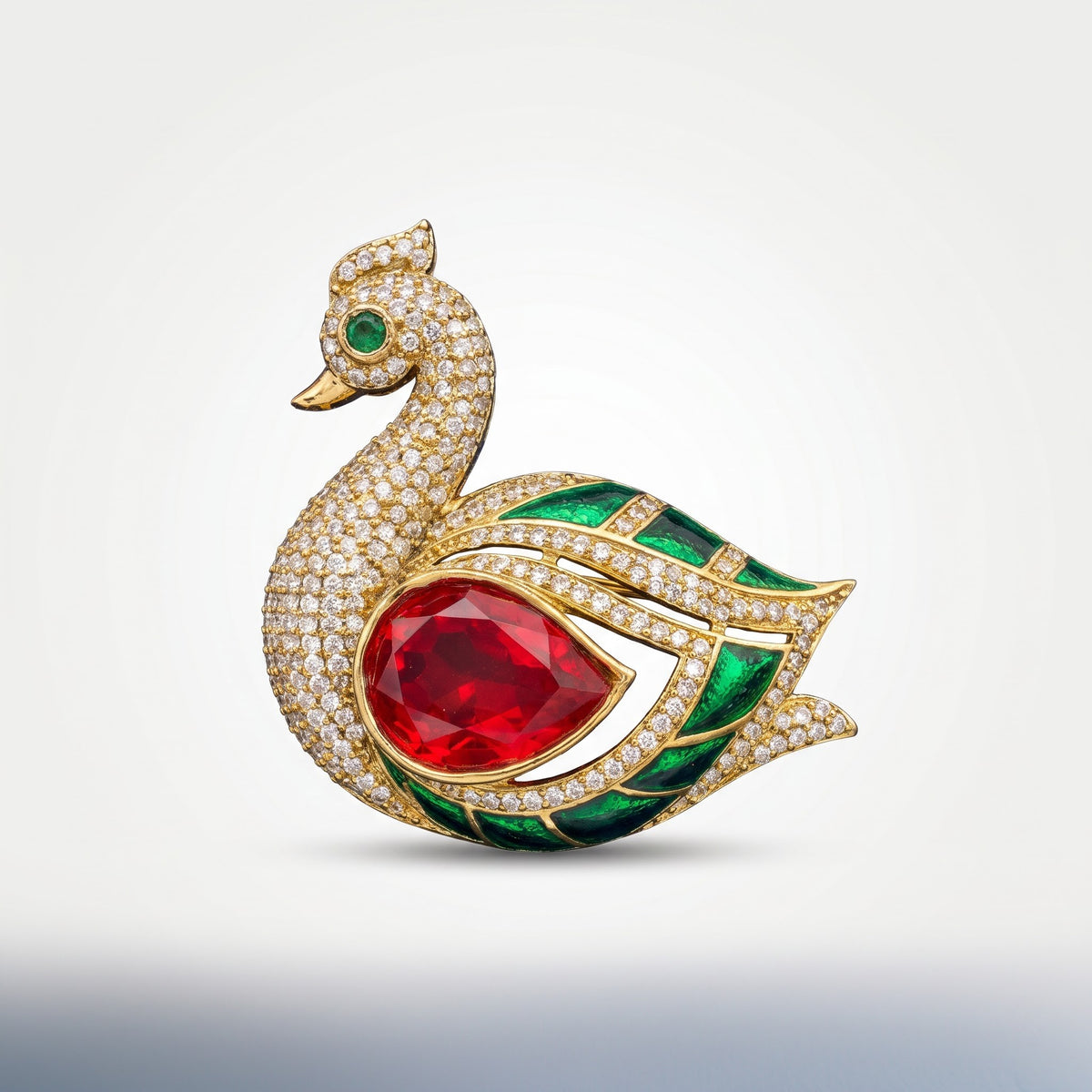Royal Ruby Emerald Swan Statement Brooch