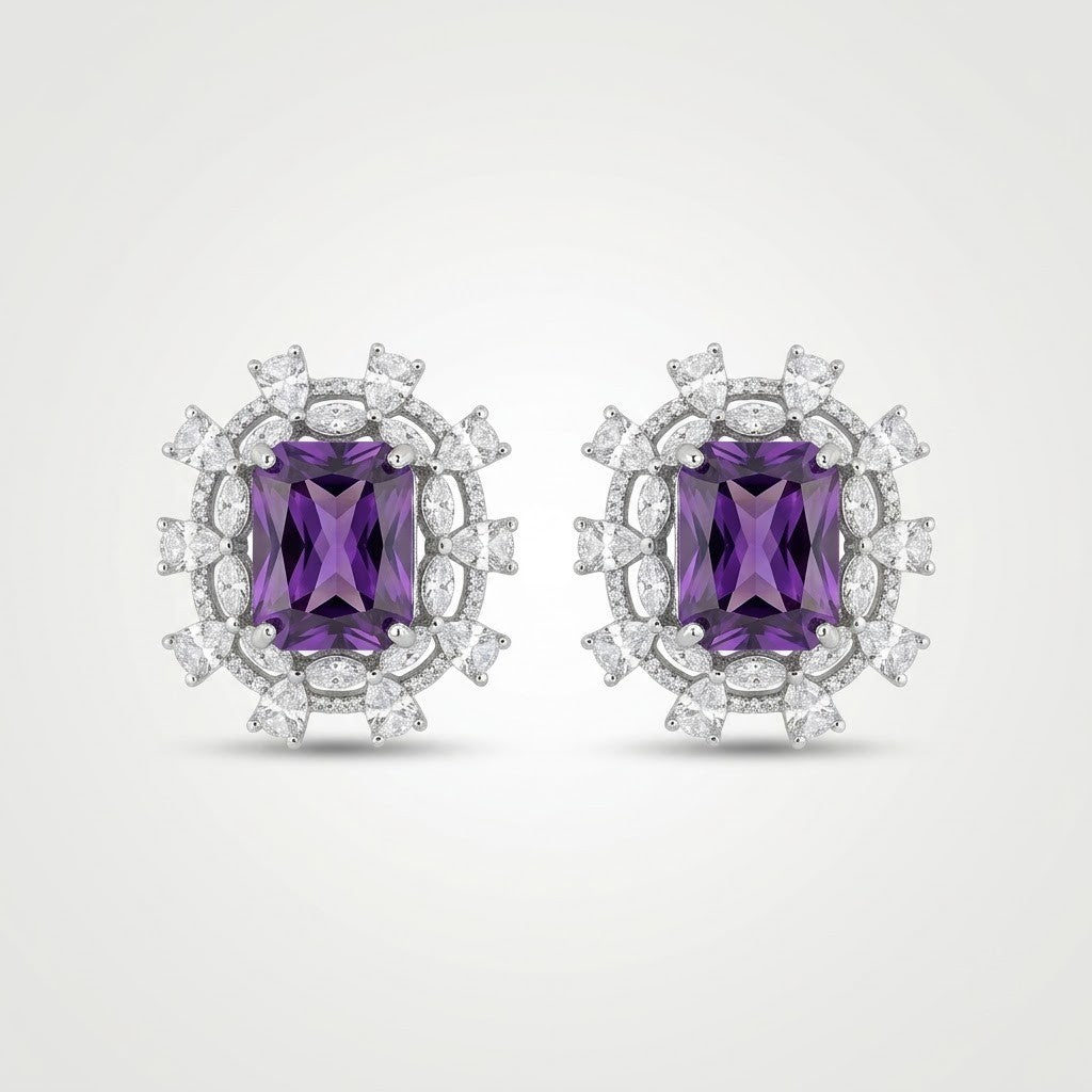 Amethyst Royale Diamond Halo Statement Stud Earrings