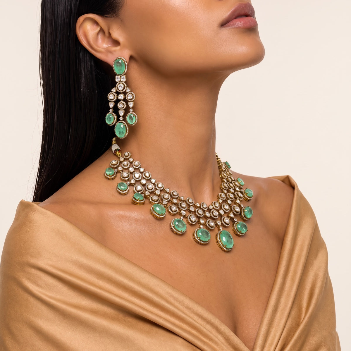 Zareen Emerald Kundan Cascade Necklace Set