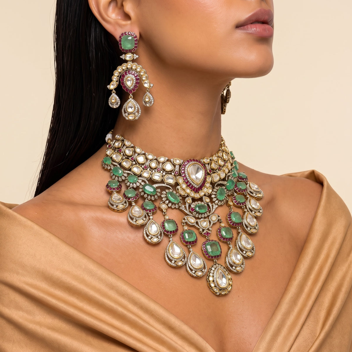 Noor Emerald Ruby Kundan Cascade Necklace Set