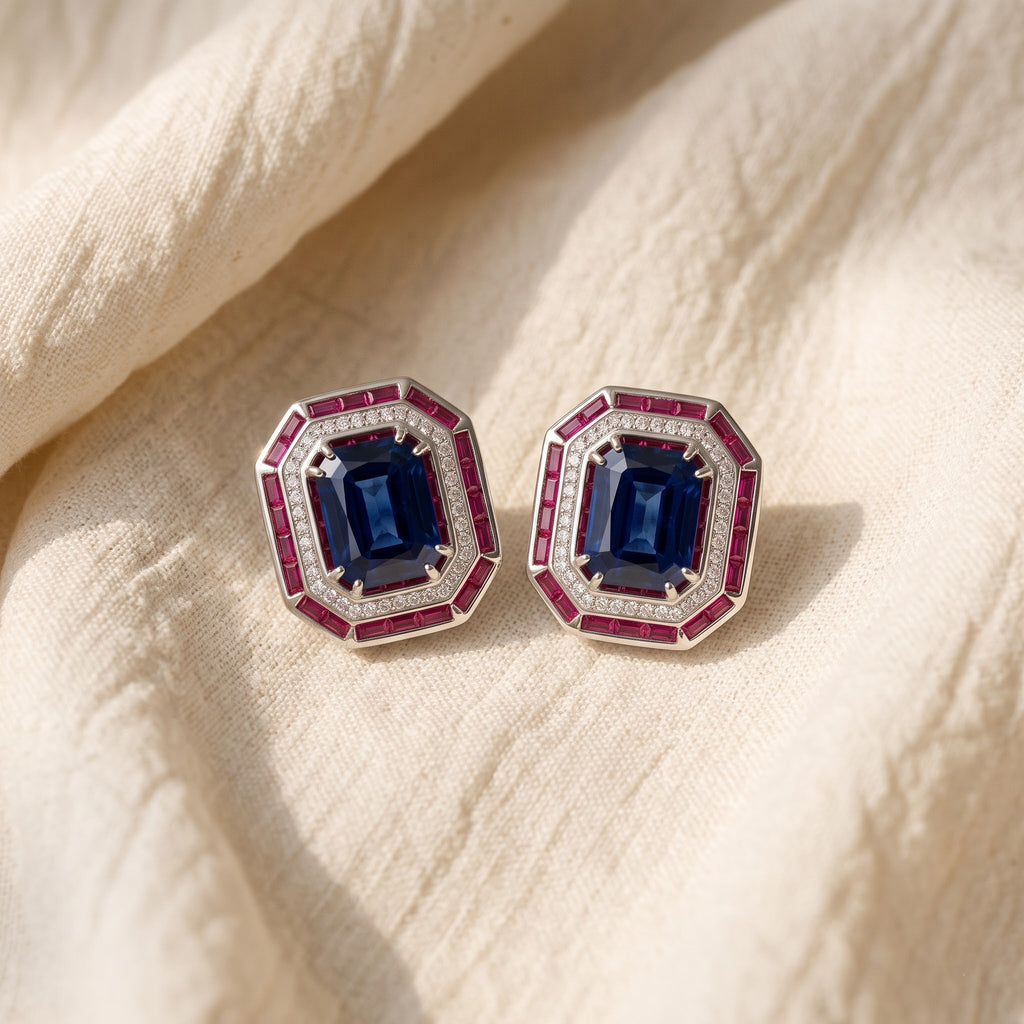 Royal Sapphire Ruby Halo Statement Stud Earrings