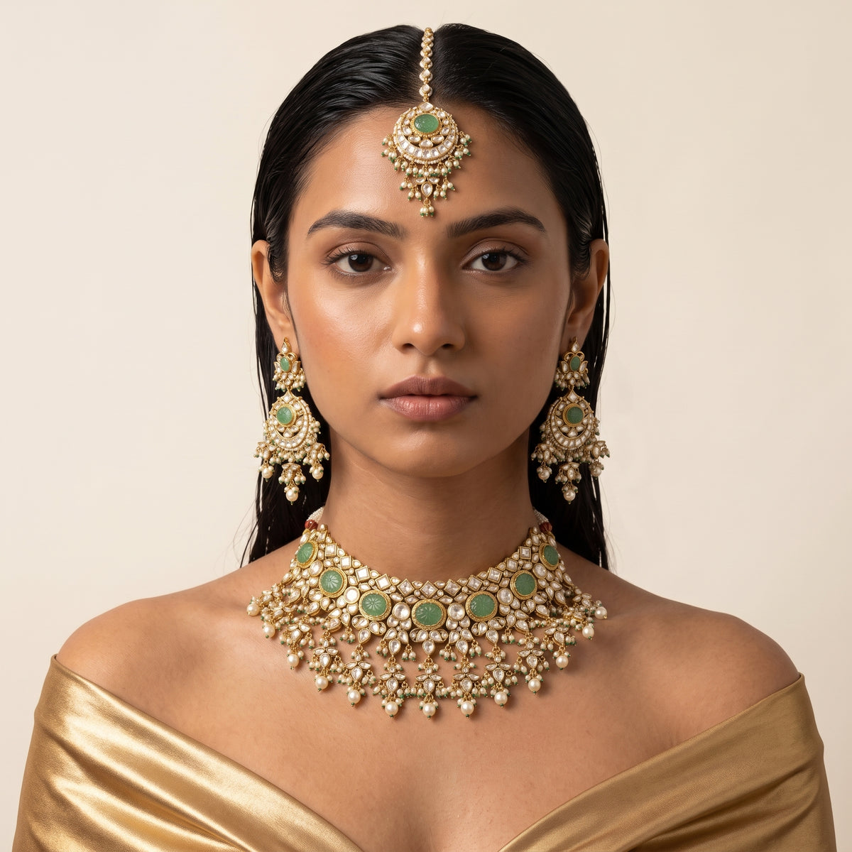 Sage Green Kundan Pearl Bridal Choker Set