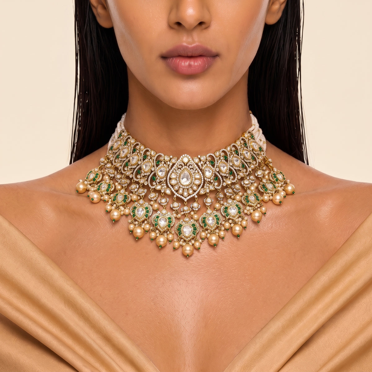 Maharani Emerald Kundan Pearl Bridal Necklace Set