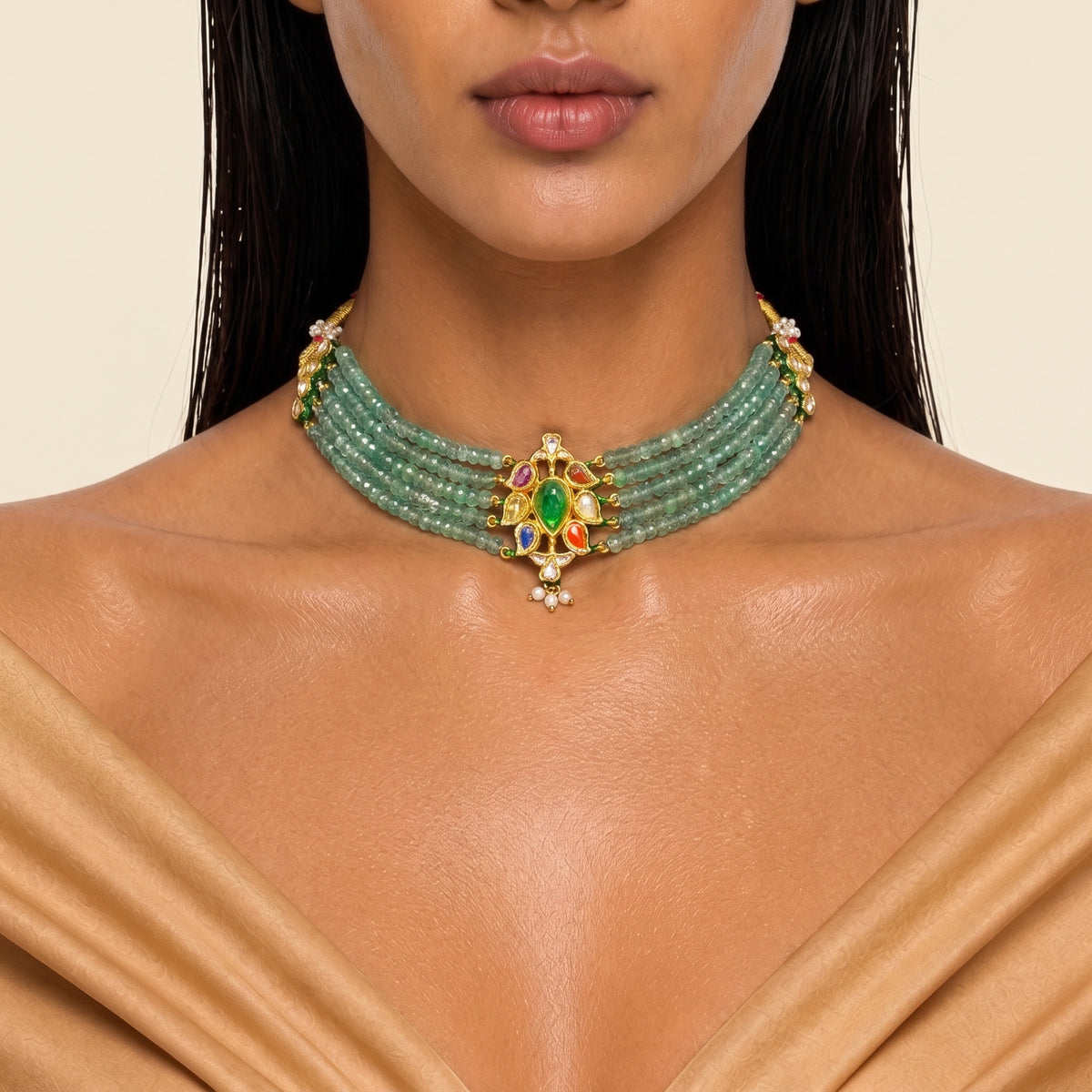 Meher Navratna Mint Bead Choker Necklace Set