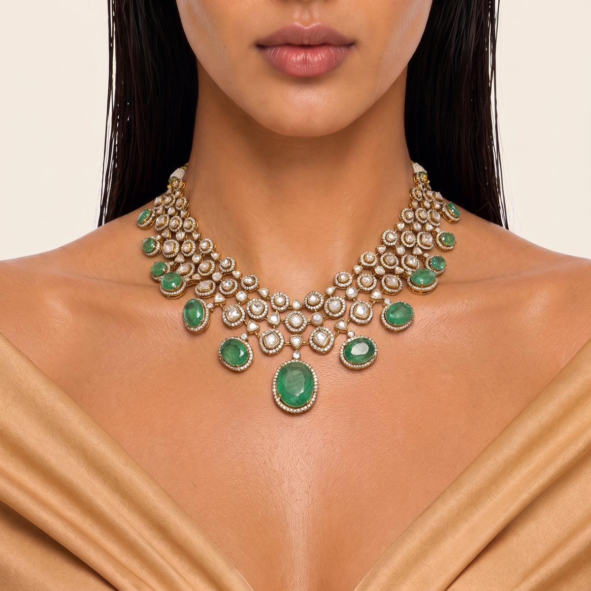 Zareen Emerald Kundan Cascade Necklace Set