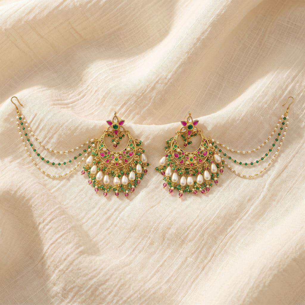 Royal Ruby Emerald Kundan Pearl Chandbali Sahara Earrings