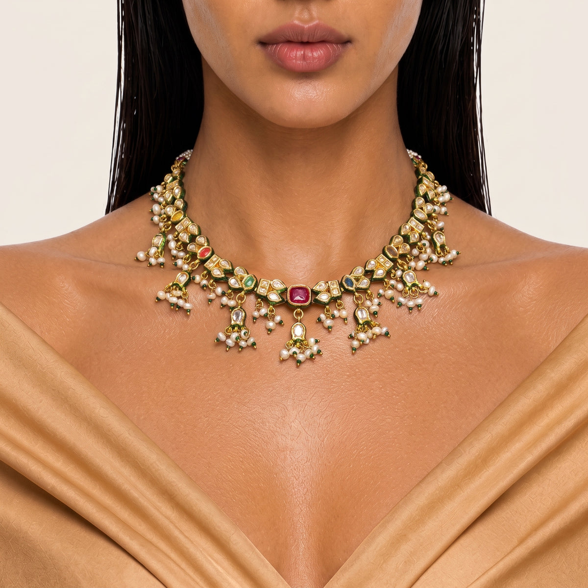 Ruhani Navratna Kundan Pearl Necklace Set