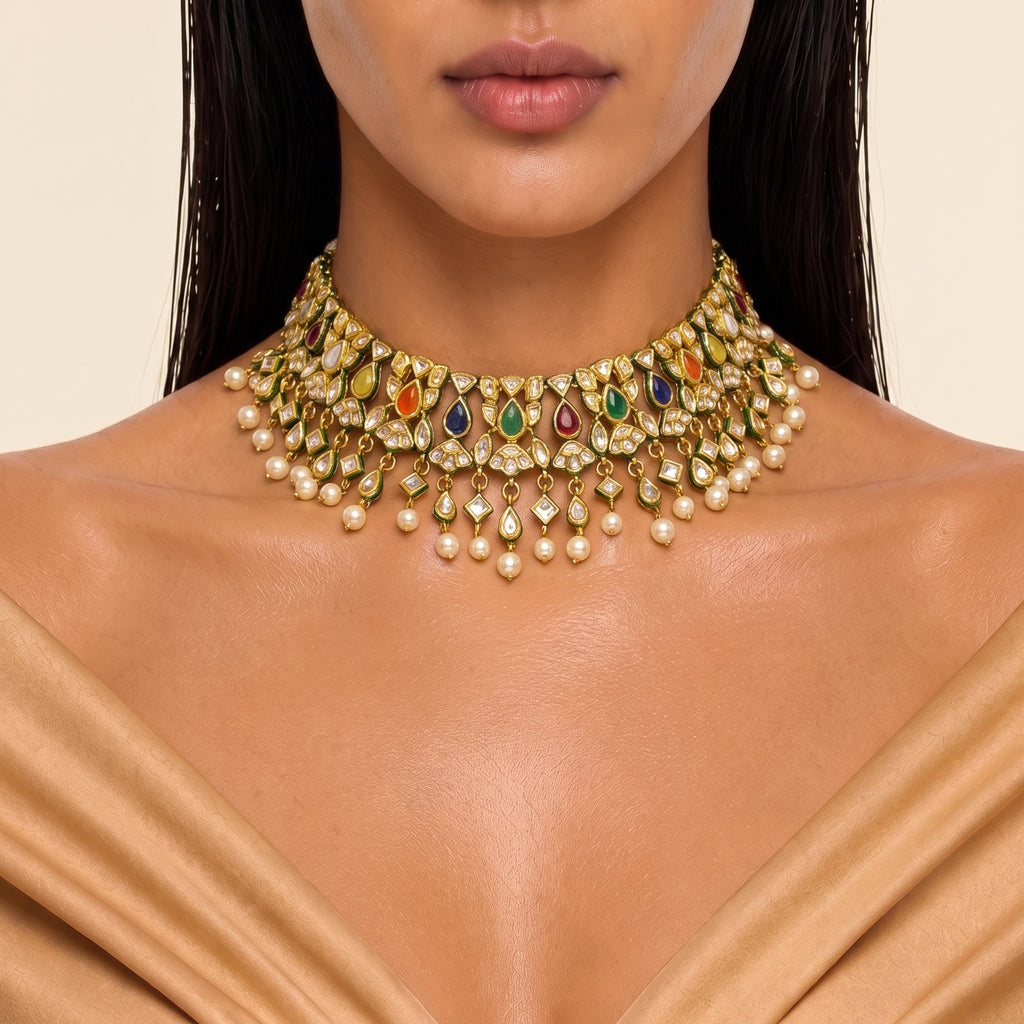 Aabha Navratna Kundan Pearl Choker Set