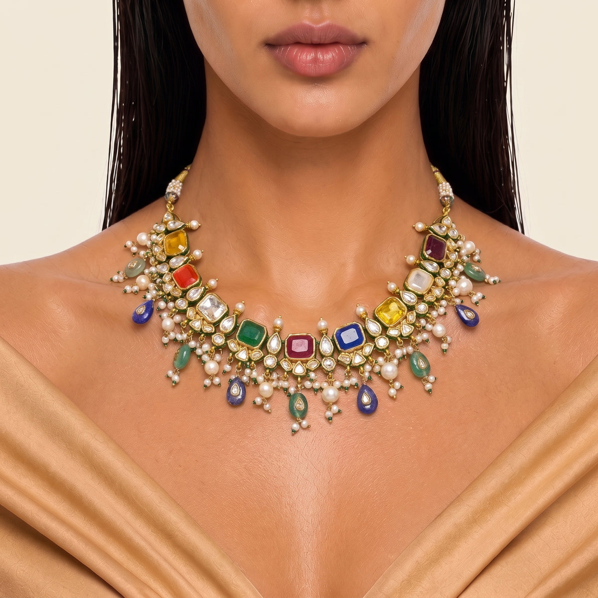 Rangrez Navratna Kundan Pearl Necklace Set