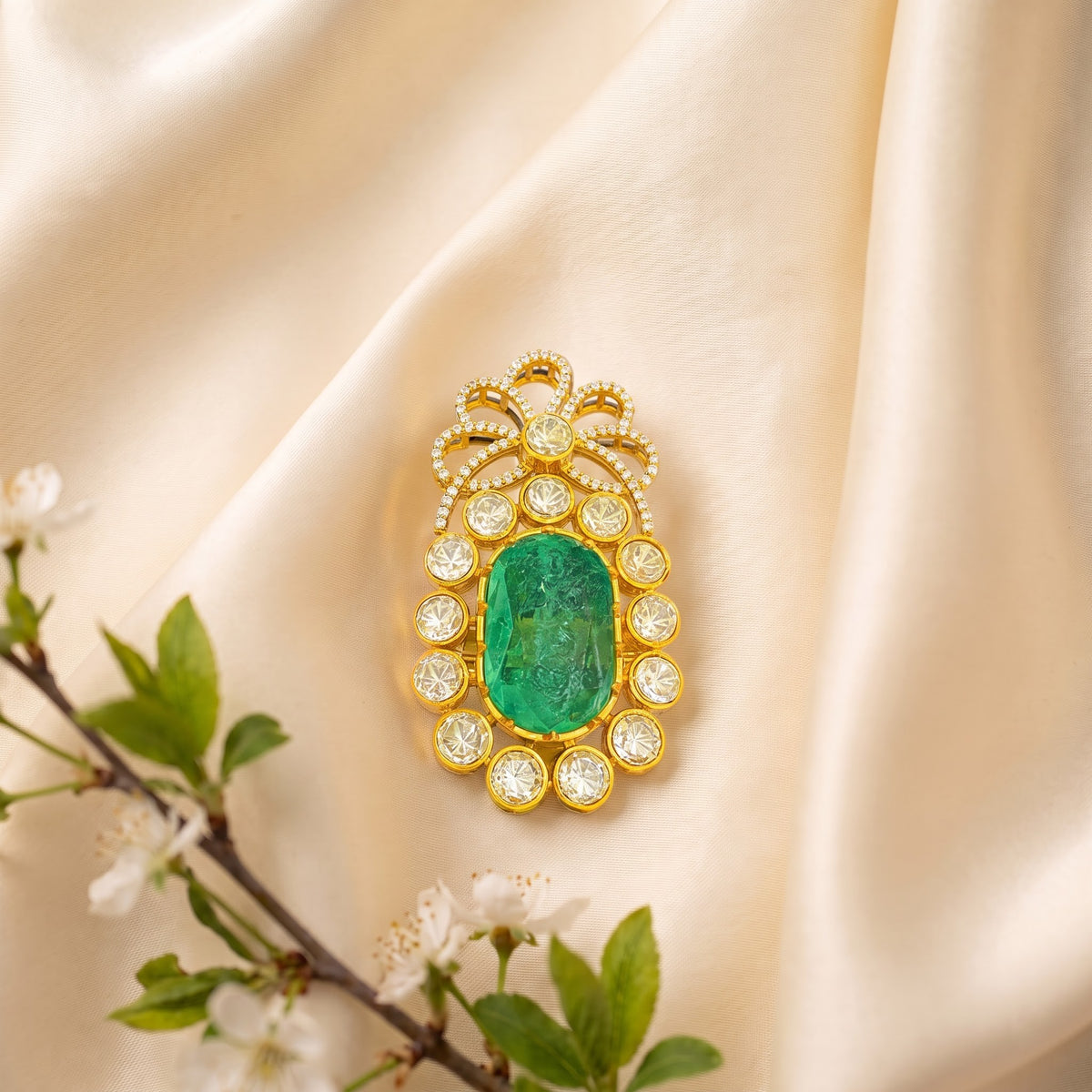 Royal Emerald Polki Kundan Heritage Brooch
