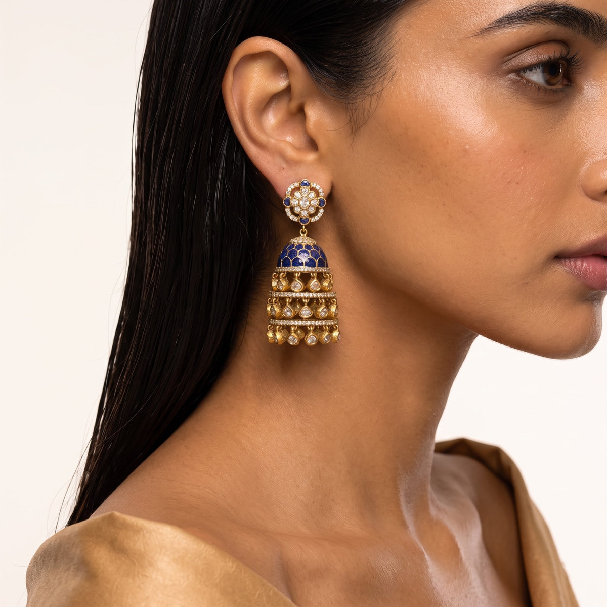 Royal Blue Meenakari Kundan Heritage Jhumka Earrings