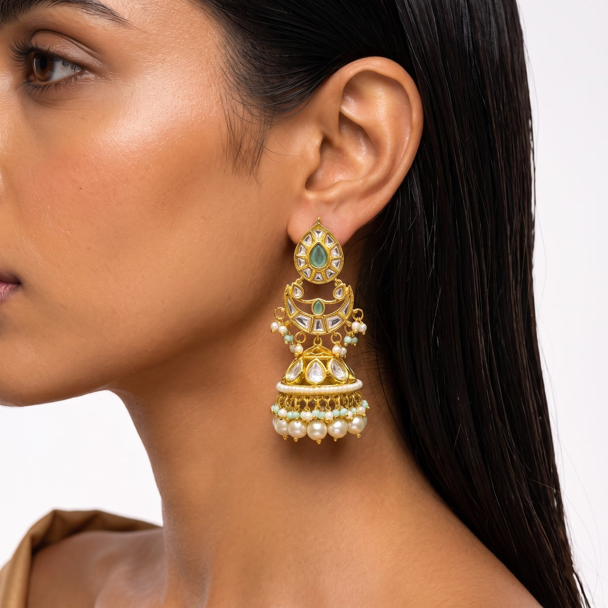 Emerald Kundan Pearl Chandbali Jhumka Earrings