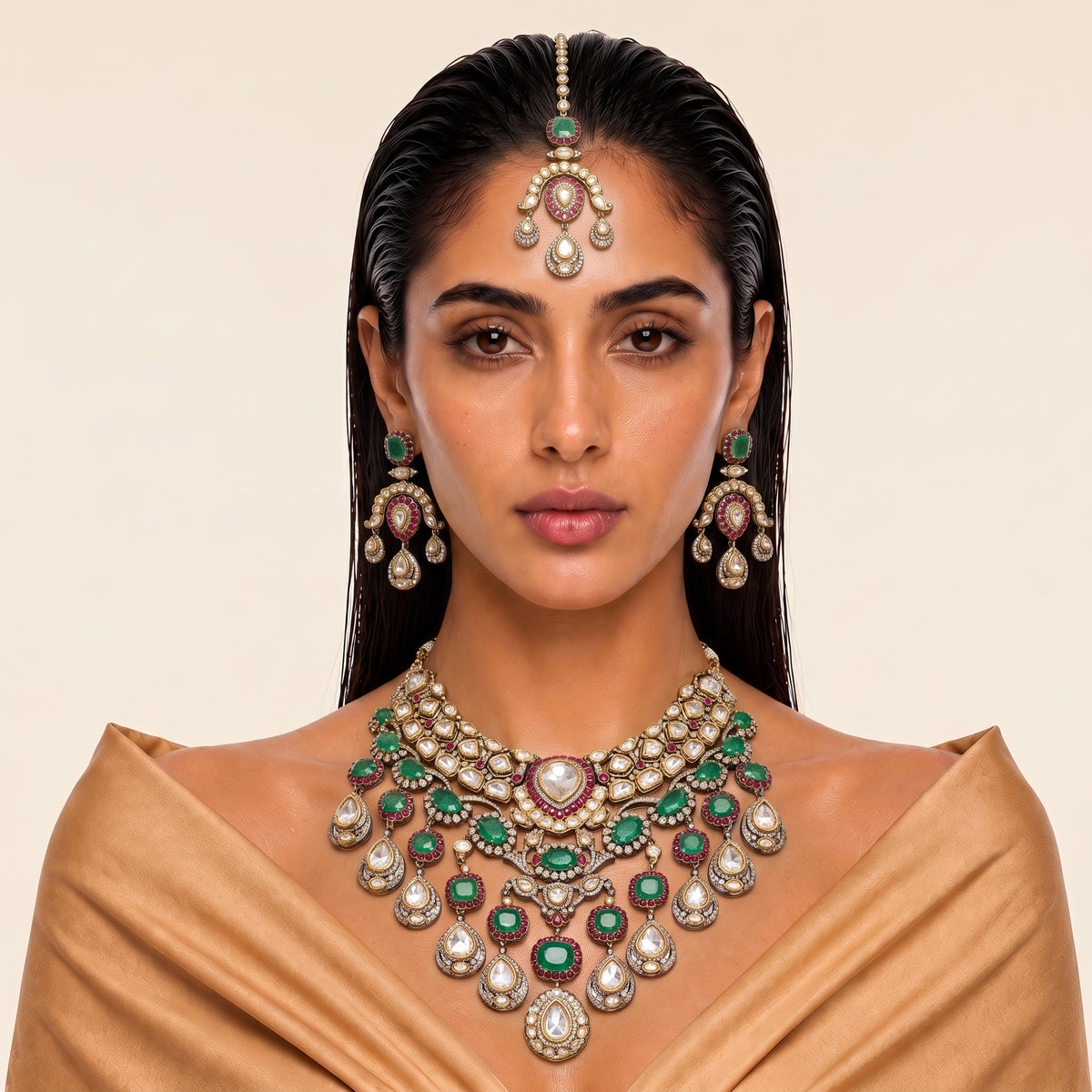 Noor Emerald Ruby Kundan Cascade Necklace Set