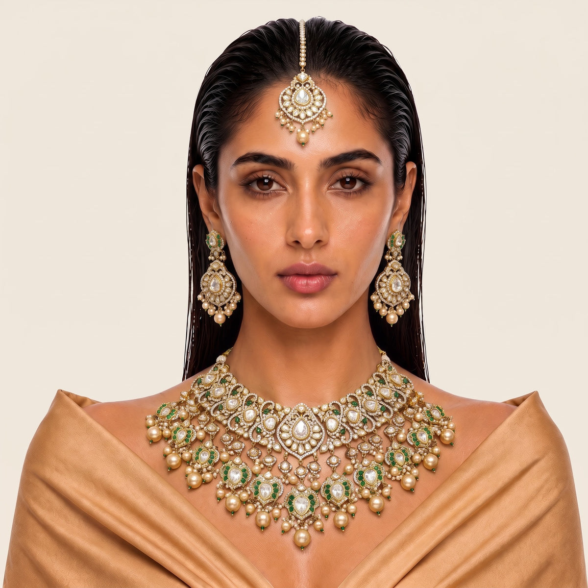 Maharani Emerald Kundan Pearl Bridal Necklace Set
