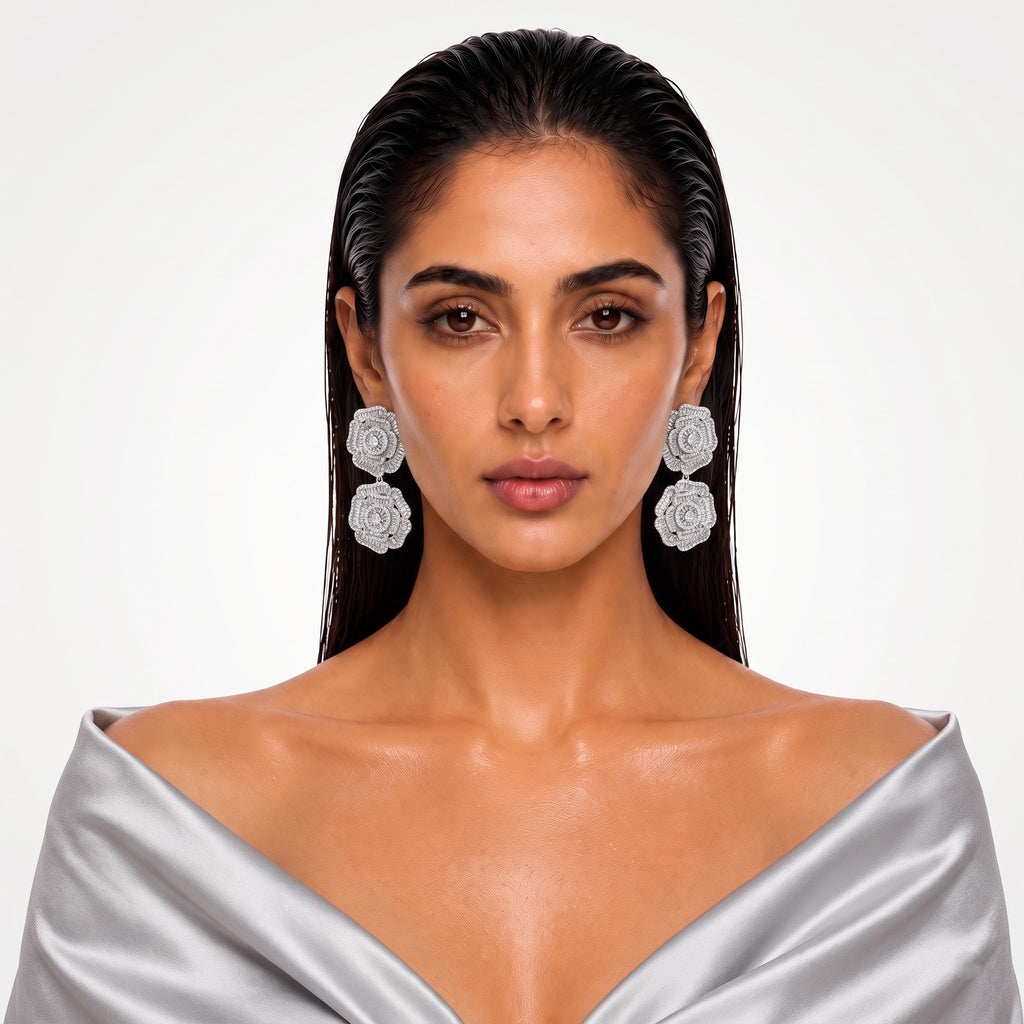 Rosette Diamond Statement Drop Earrings