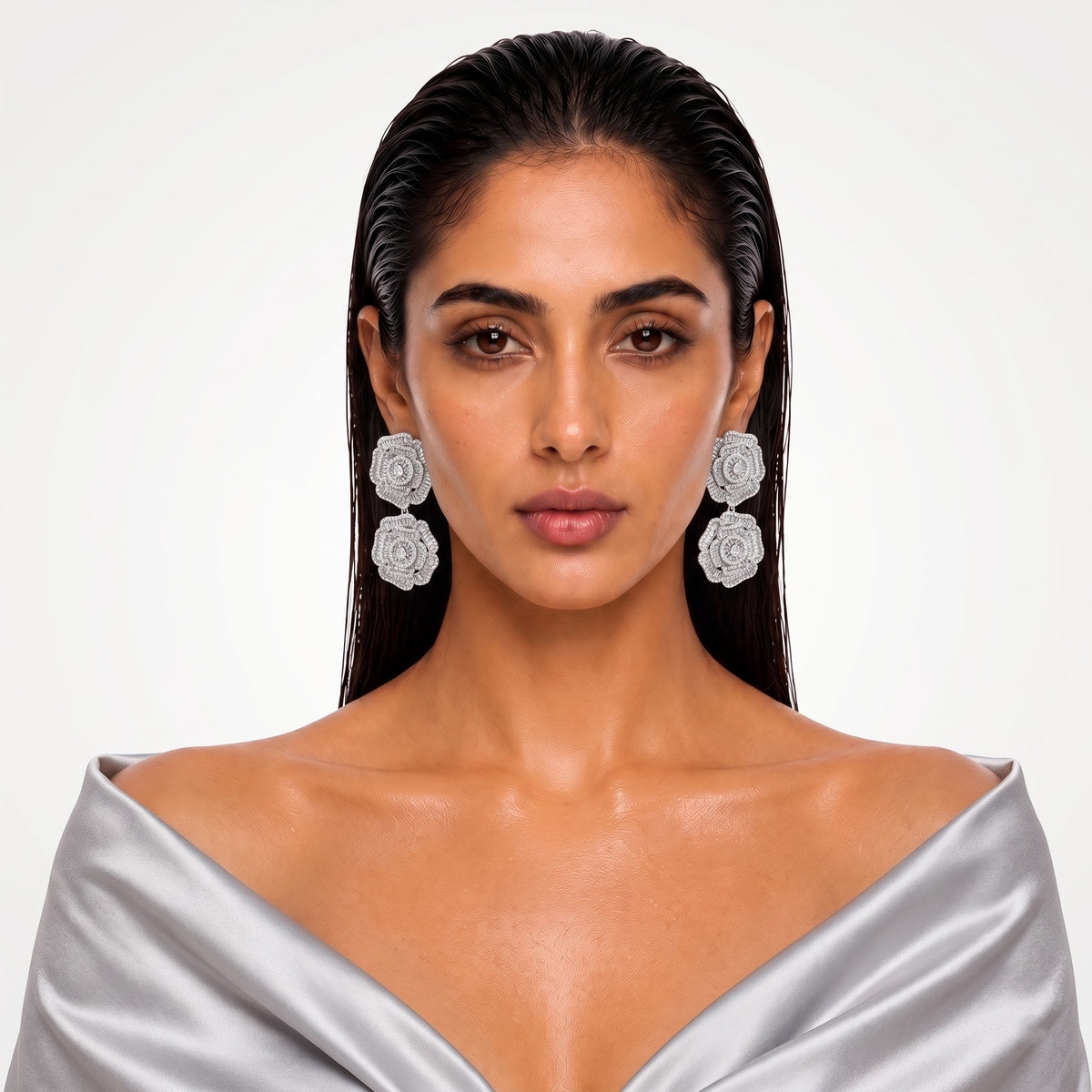 Rosette Diamond Statement Drop Earrings