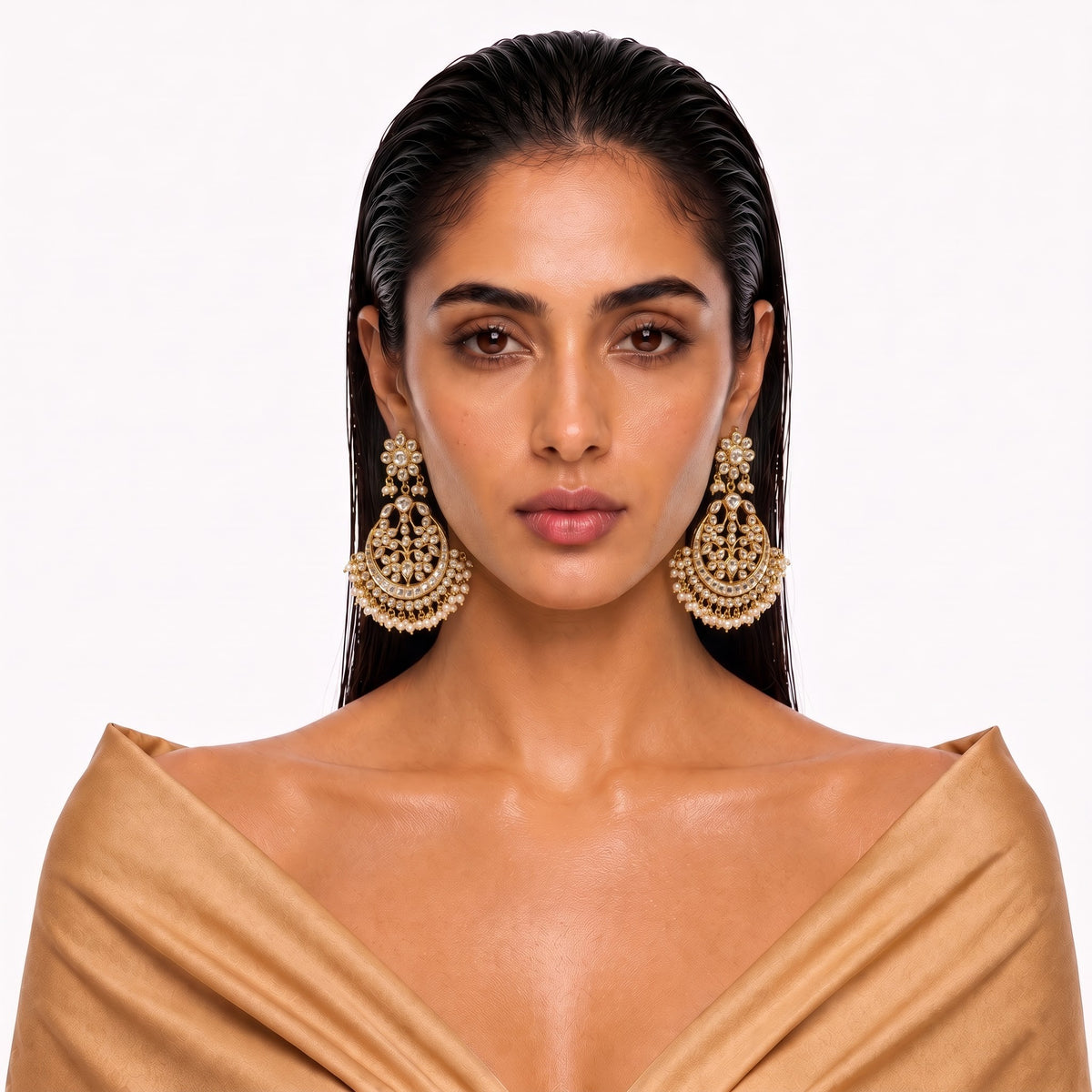 Royal Kundan Pearl Chandbali Statement Earrings