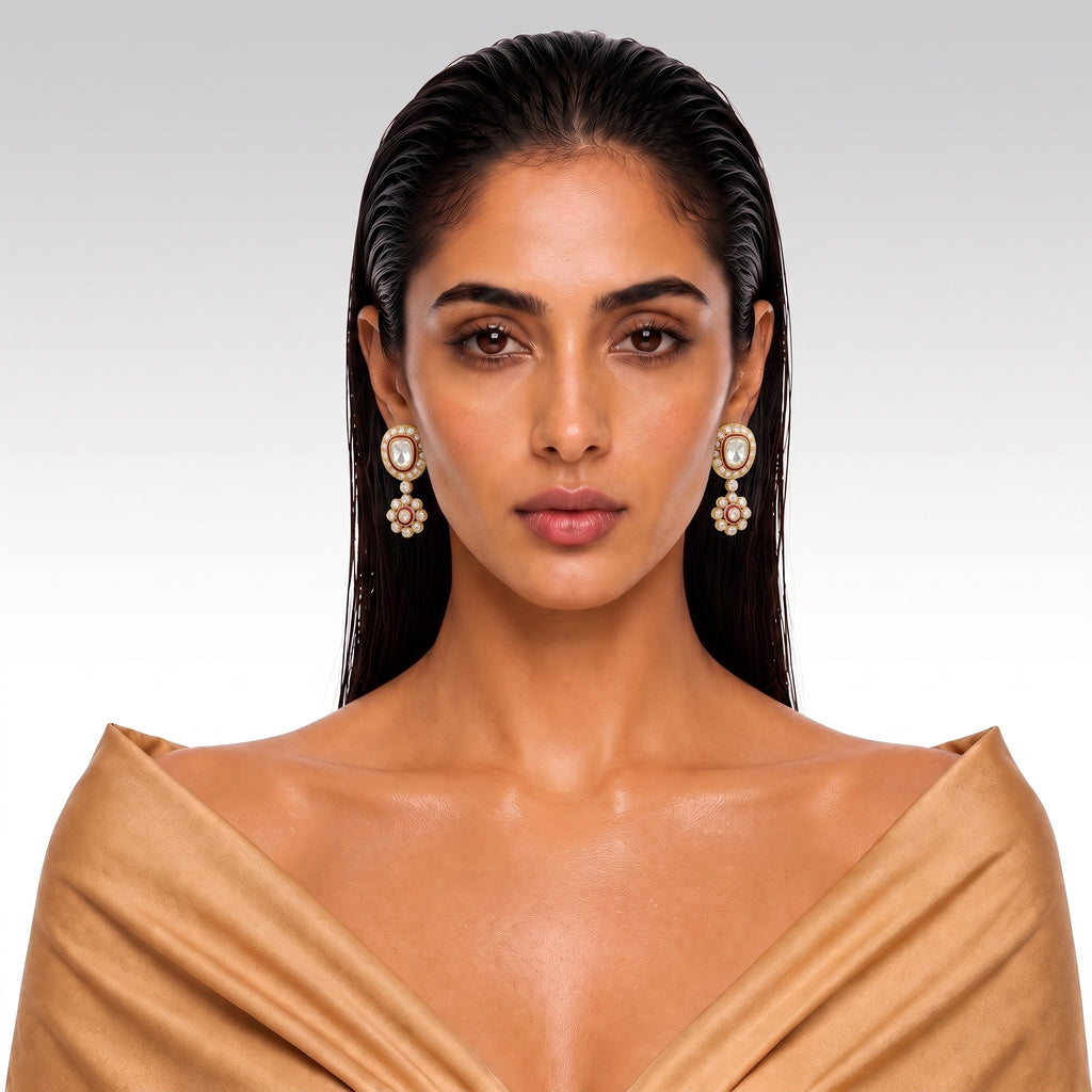 Royal Kundan Ruby Floral Drop Earrings