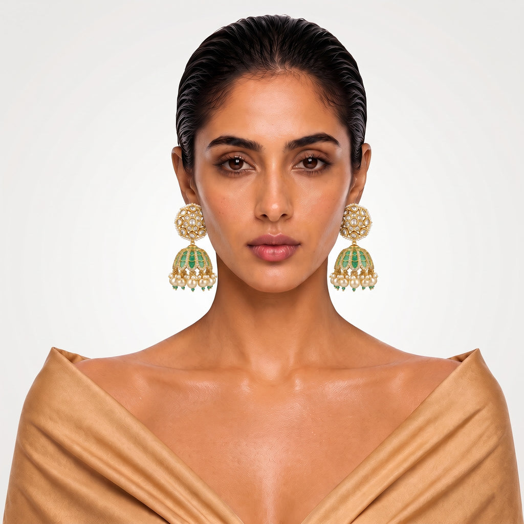 Emerald Meenakari Kundan Pearl Jhumka Earrings