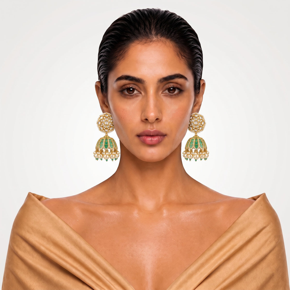 Emerald Meenakari Kundan Pearl Jhumka Earrings