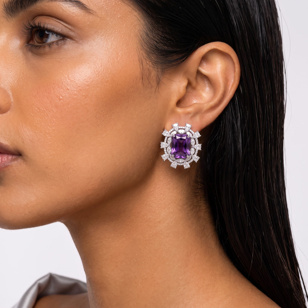 Amethyst Royale Diamond Halo Statement Stud Earrings
