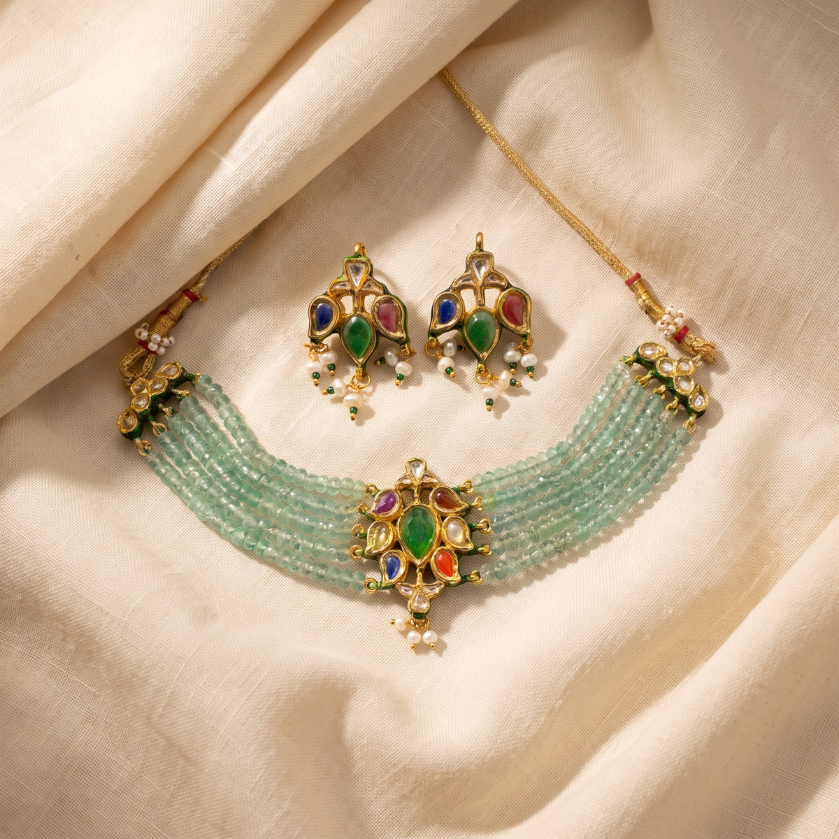 Meher Navratna Mint Bead Choker Necklace Set