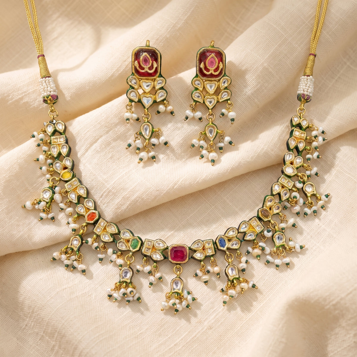 Ruhani Navratna Kundan Pearl Necklace Set