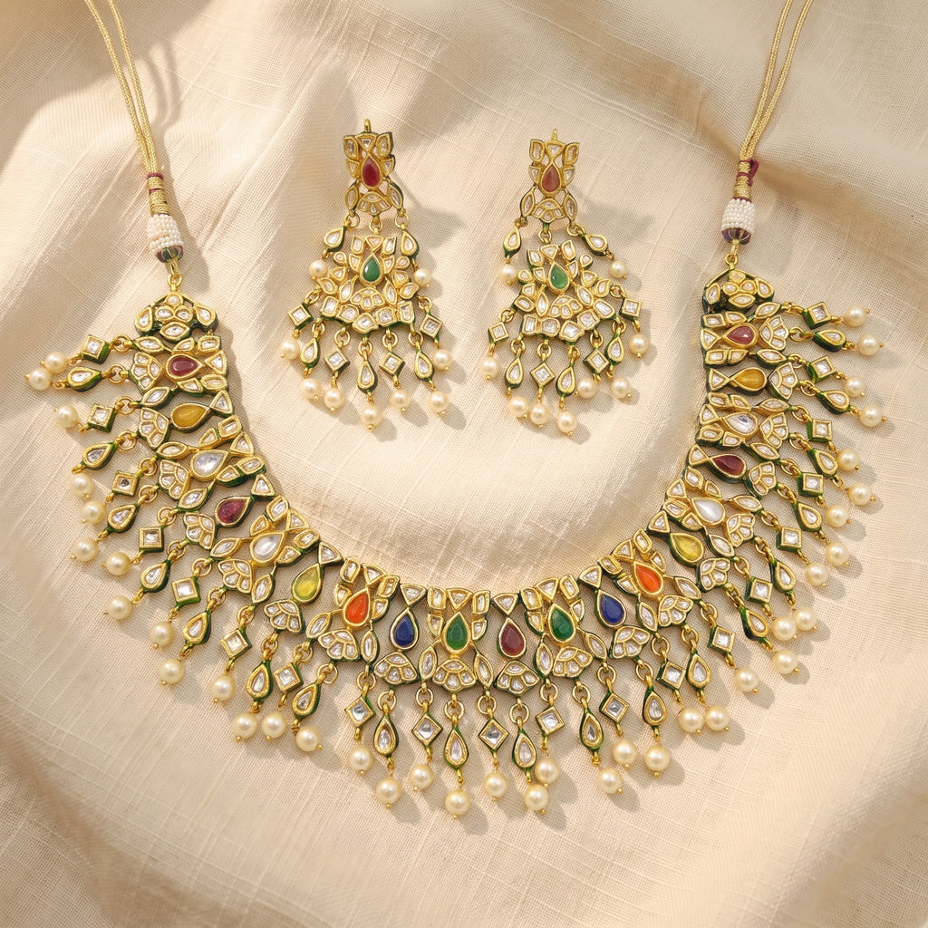 Aabha Navratna Kundan Pearl Choker Set