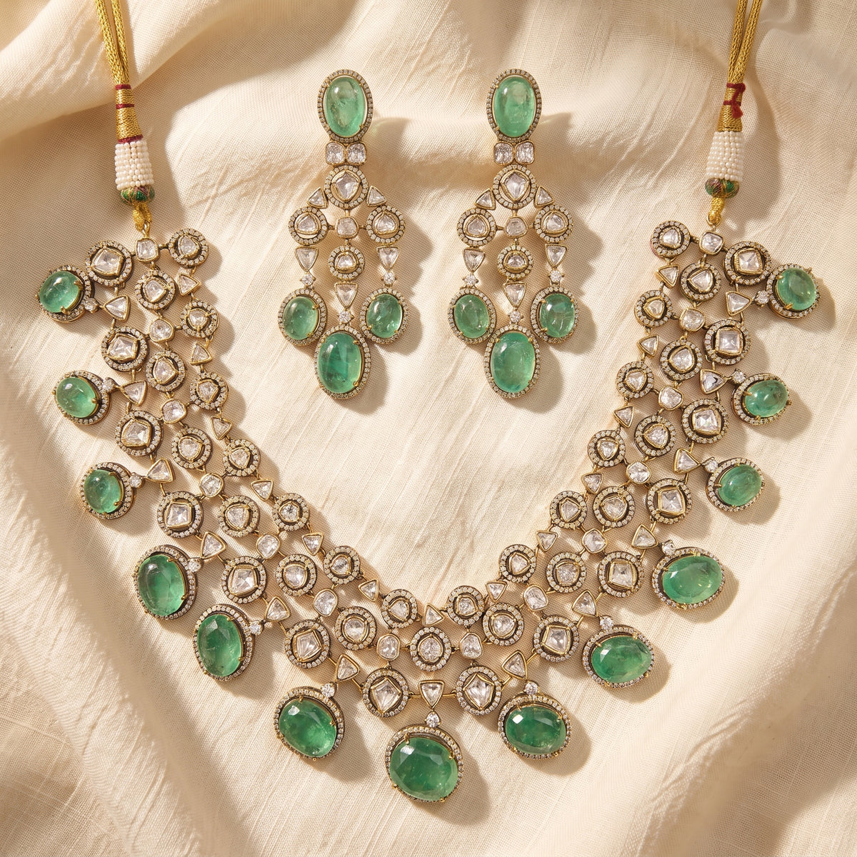 Zareen Emerald Kundan Cascade Necklace Set
