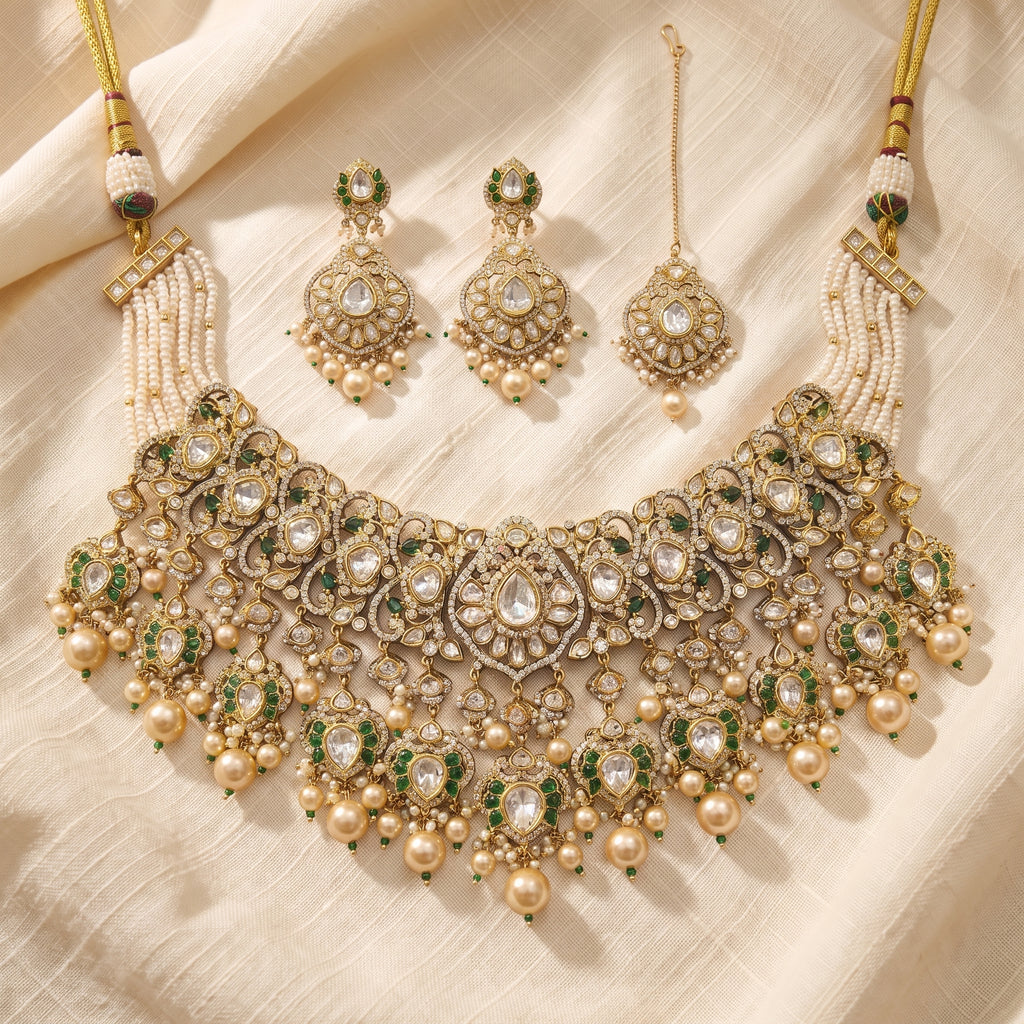 Maharani Emerald Kundan Pearl Bridal Necklace Set