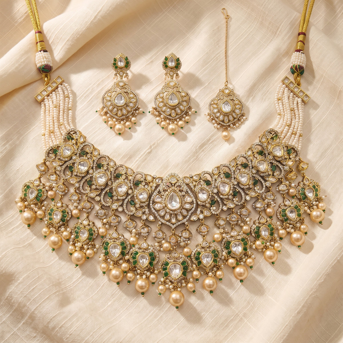 Maharani Emerald Kundan Pearl Bridal Necklace Set
