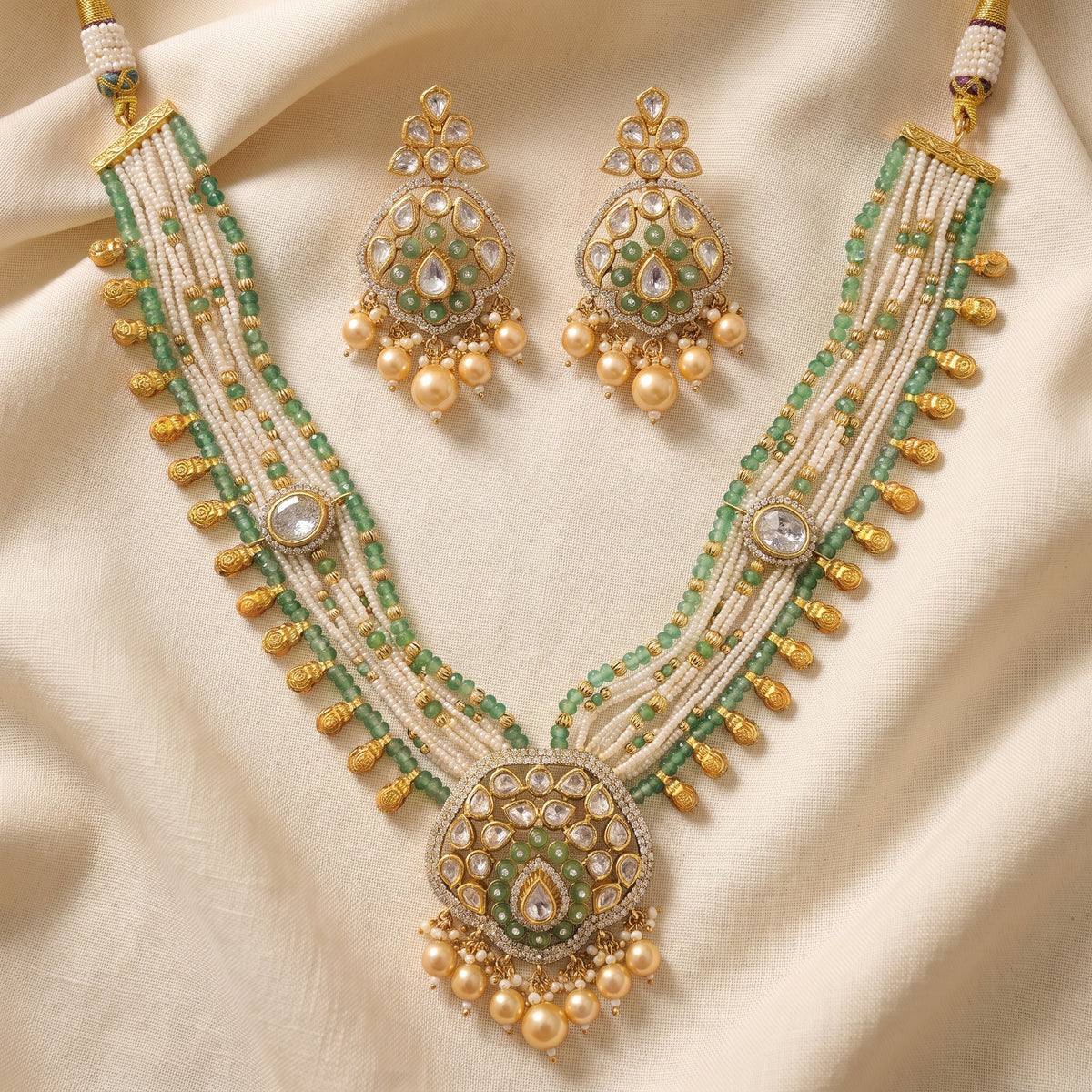 Meher Mint Kundan Pearl Layered Necklace Set